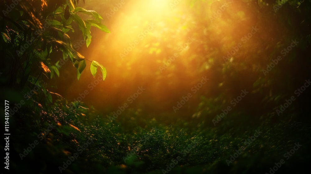 Poster at sunrise, beams of light slice through swirling mist in a dense forest, creating a mystical atmosp