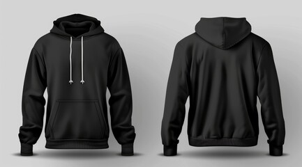 Front and back design mockup of black hoodie on a clean white background