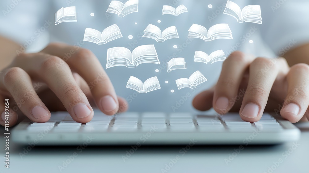 Poster a person types on a keyboard with floating book illustrations above, symbolizing digital writing and