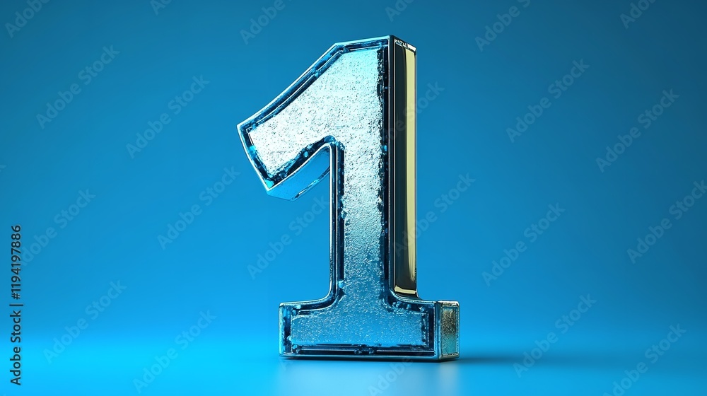 Fototapete banner with ice number 1 one on blue backdrop. frozen water. 3d rendering.
