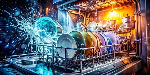Dirty Dishes in Open Dishwasher - Long Exposure Stock Photo
