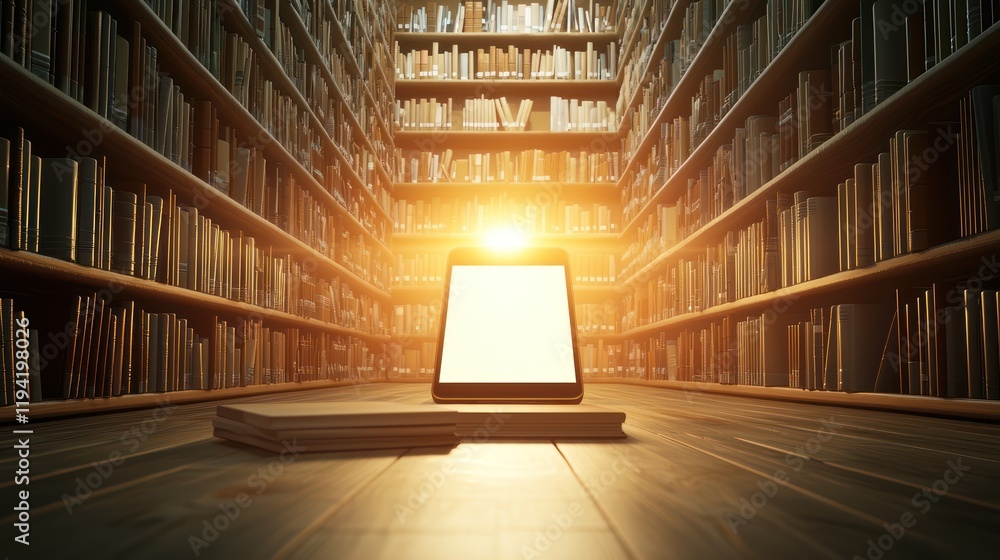 Poster a serene library bathed in warm sunlight, featuring an empty e-reader and stacked books on the floor