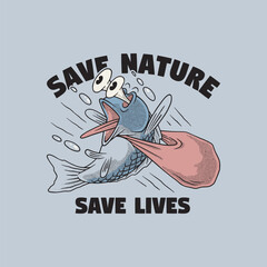 fish trapped by plastic bag retro cartoon mascot