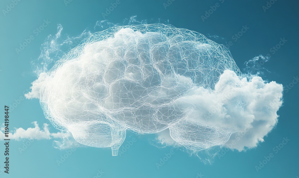 Poster cloud brain: conceptual visualization of networked thinking in the sky, abstract representation of i
