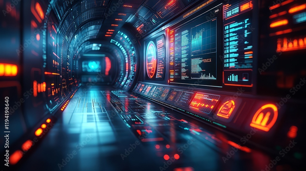 Poster futuristic hallway with glowing screens and data displays in a high-tech environment.