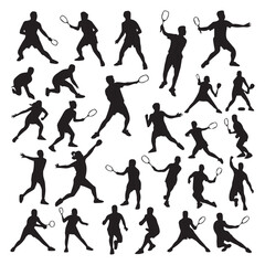 set of black various poses badminton players vector silhouettes