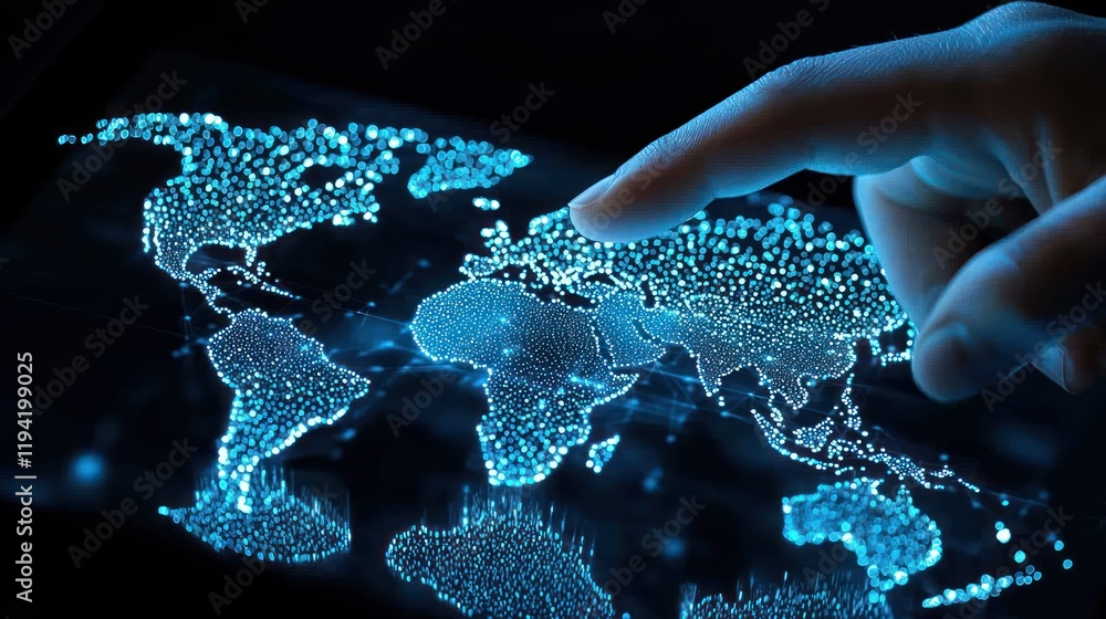 Poster a glowing digital world map is displayed, with a finger touching a specific region, highlighting int