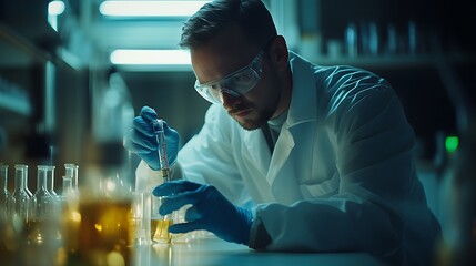 Scientist conducting chemical experiment in laboratory focused environment