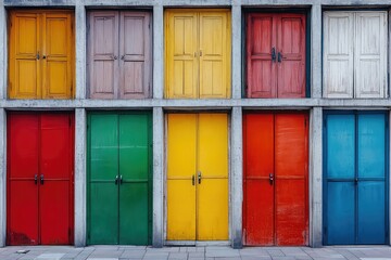 An artistic layout of closed doors in various vibrant colors, capturing the essence of opportunities and decisions.