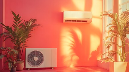 Modern air conditioning unit in bright room with plants indoor environment