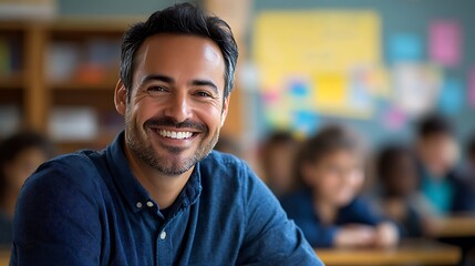 Fototapeta premium Teacher smiling with students in classroom educational setting positive vibes