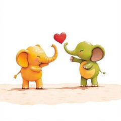 Adorable Cartoon Elephants Sharing a Heart Sweet Love Illustration