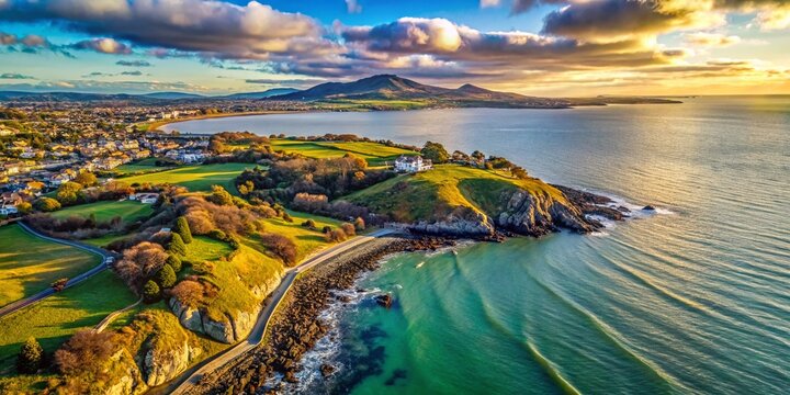 Dramatic Aerial View of Dalkey Island & Killiney Bay, Dublin Coastline, Ireland