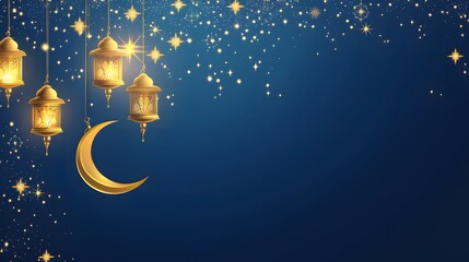 Elegant Ramadan Kareem background with hanging lanterns and crescent moon, banner decoration in an Islamic festival celebration