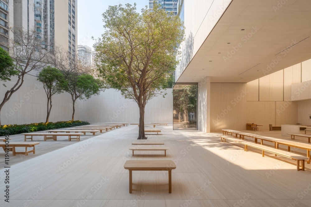 Aufkleber a long concrete wall with clean white plaster runs parallel to a peaceful city street, while a nearb