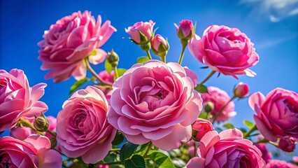 Fototapeta premium Dreamy Pink Roses Blooming Against a Vibrant Blue Sky - Beautiful Floral Stock Photo