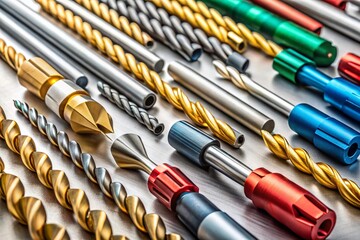 Drill Bits Collection: Variety of Sizes and Types on Grey Background