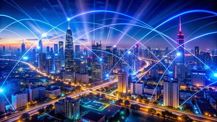 Obraz premium Drone View: Cityscape at Night, Cyber Security Network, Bright Data Streams