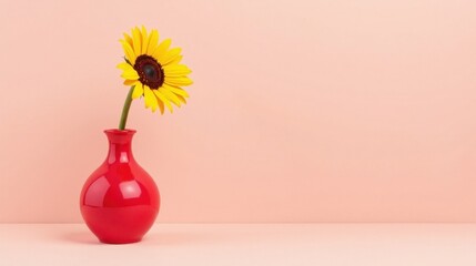A single vibrant sunflower in a glossy red vase against a soft pink backdrop creates a minimalist yet cheerful scene, ideal for adding a touch of summery elegance to any space.