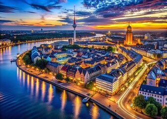 Fototapeta premium Dusseldorf Altstadt Night Panorama: Rhine River & Burgplatz Lights