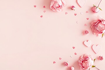 Fototapeta premium Romantic Pink Roses Hearts Confetti Background