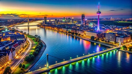 Fototapeta premium Dusseldorf Rhine River Night Aerial View - Colorful Cityscape Illumination