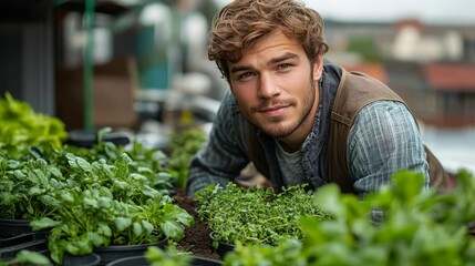 Young man tending to fresh herbs, showcasing passion for gardening and sustainable living.