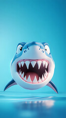The image depicts a cartoon shark with a wide, toothy grin, set against a blue background