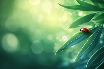 beautiful nature macro shot of a ladybug crawling along the edge of a leaf, set against a blurred green background.