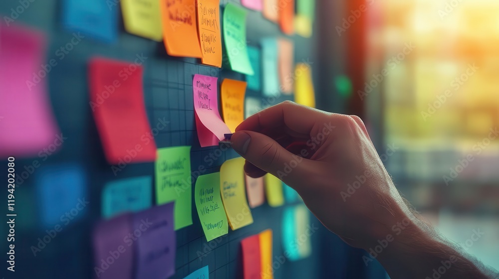 Poster a hand removes a colorful sticky note from a wall covered in various notes, illustrating organizatio