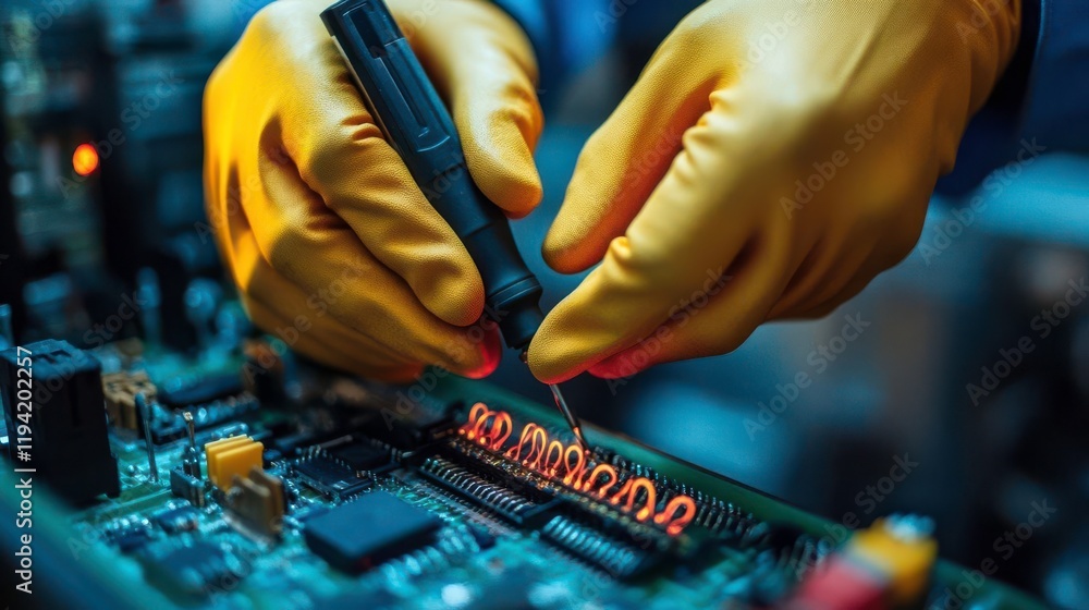 Poster a technician in yellow gloves works on a circuit board, testing components with a pen-like tool, sur