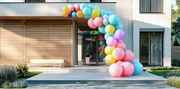 arch of colorful balloons at entrance