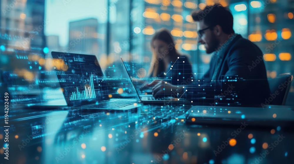 Poster a modern office scene showing two professionals working on laptops, surrounded by digital data visua