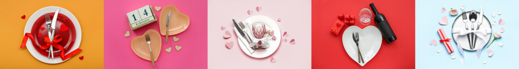 Collage of stylish table settings for Valentines Day dinner on color background
