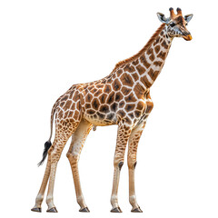 Obraz premium A standing giraffe showcasing its long neck and unique patterns.