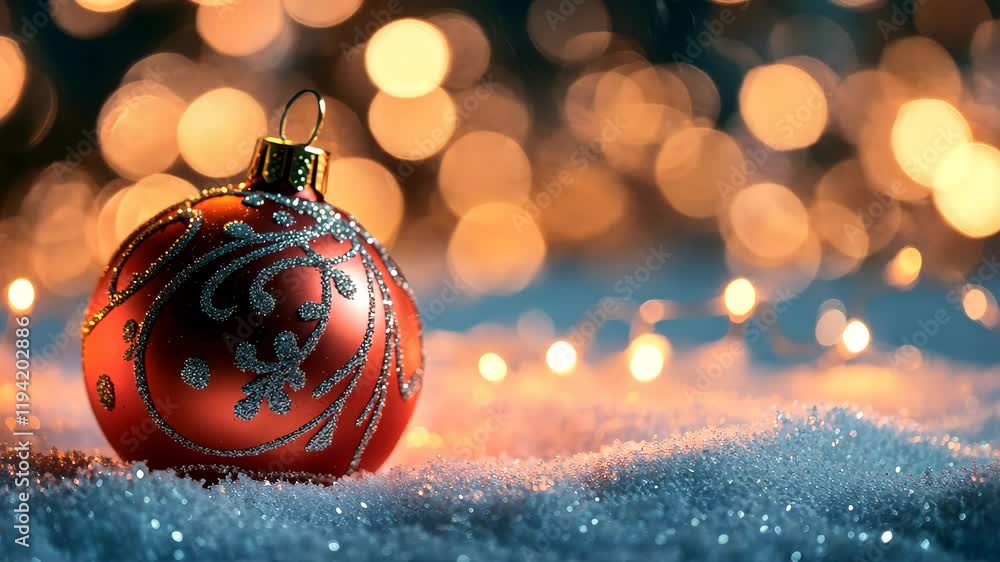 Poster christmas ornament resting on snow with sparkling fairy lights in the background creating a festive 