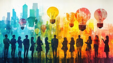A vibrant silhouette of diverse people against a cityscape, illuminated by colorful light bulbs, symbolizing ideas and collaboration.