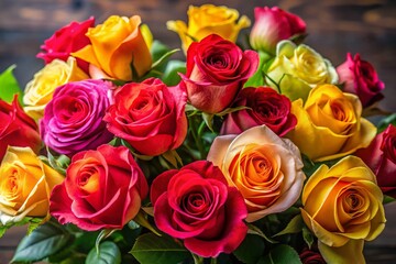Obraz premium Elegant Pink, Red & Yellow Roses with Lush Green Foliage - Stock Photo