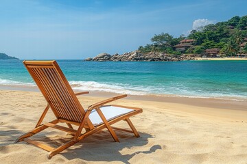 A serene beach scene featuring a wooden lounge chair on soft sand, with turquoise waves gently lapping at the shore and lush greenery in the background.