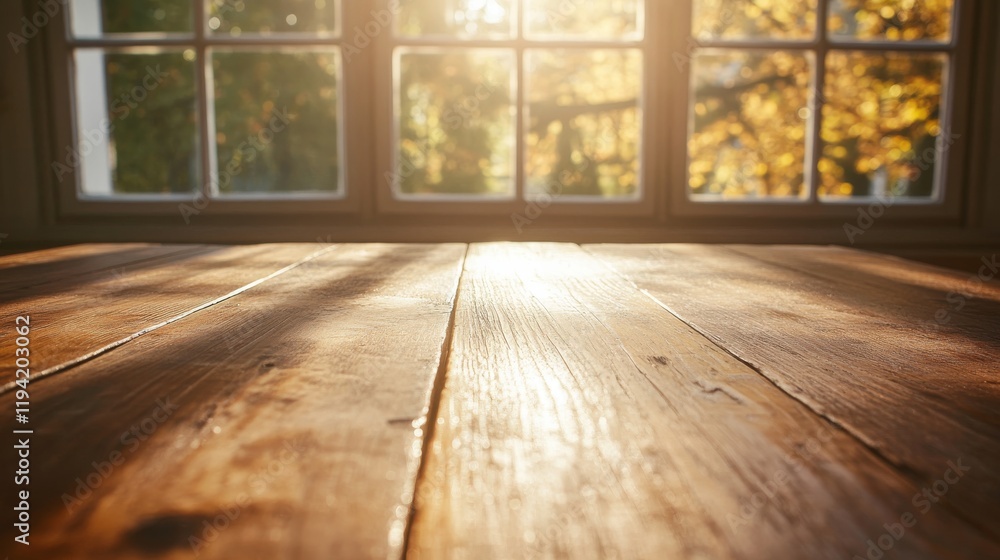 Aufkleber sunlight pours through large windows onto an empty wooden table in a rustic cafe, creating warm autu