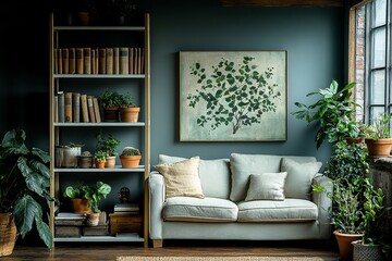 Five-tier white and gold leaning shelf in corner of open-concept living room with wooden floors, wall art, plants, and books.
