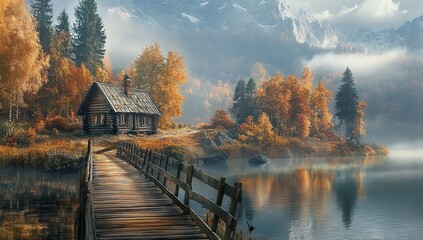 Fototapeta premium Autumnal Cabin by Misty Lake: Wooden Bridge Leads to Secluded Mountain Retreat, Serene Fall Scenery