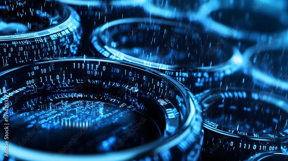 Poster abstract digital rings binary code rain