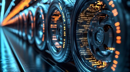 Fototapeta premium Futuristic Vehicle Tires Displaying Digital Data