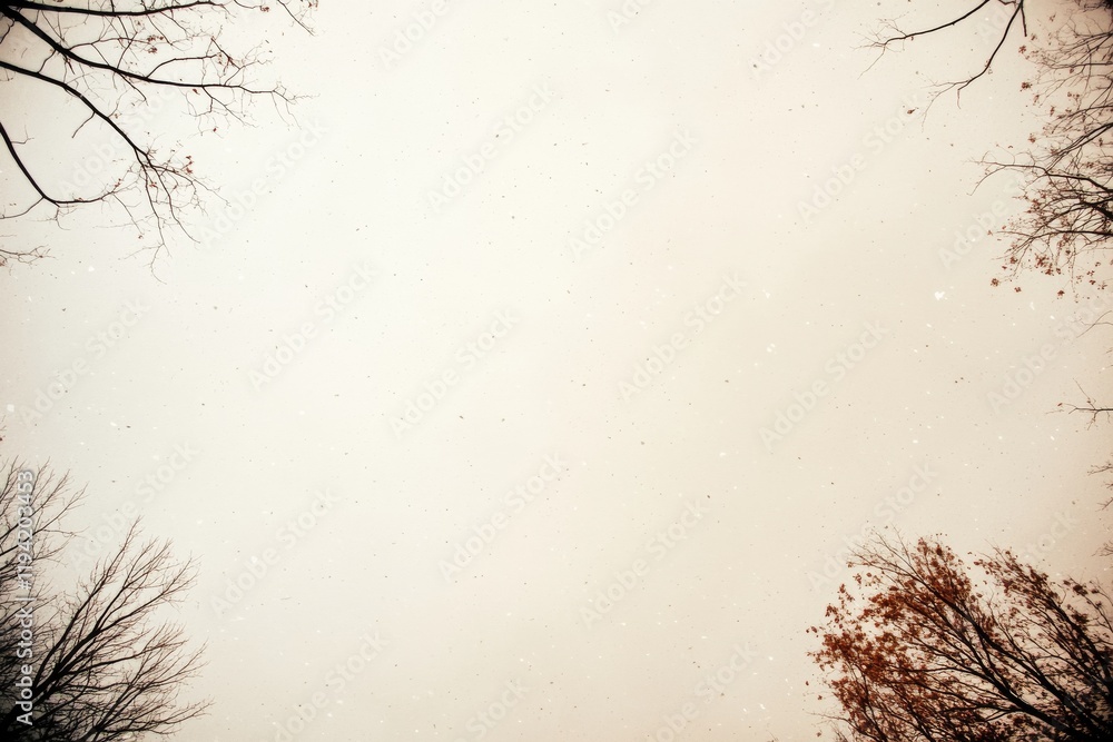 Aufkleber Snowflakes gently fall in a tranquil winter landscape featuring bare trees against a pale gray sky with ample copy space on the right side for text or graphics