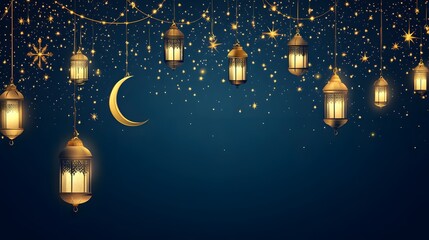 Elegant Ramadan Kareem background with hanging lanterns and crescent moon, banner decoration in an Islamic festival celebration