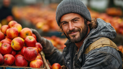 Seasonal workers in a cheerful apple orchard, assisting customers during the harvest season