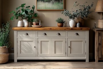 White sideboard with oak top, two doors, three drawers on the right, and one door at each end, placed next to TV stand in modern living room.