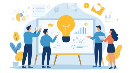 A team discusses ideas and data in front of a presentation board, emphasizing creativity and collaboration in a professional environment.