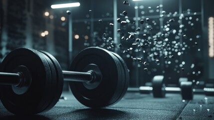 Fototapeta premium A dimly lit gym scene featuring dumbbells and weights, emphasizing fitness and strength training.